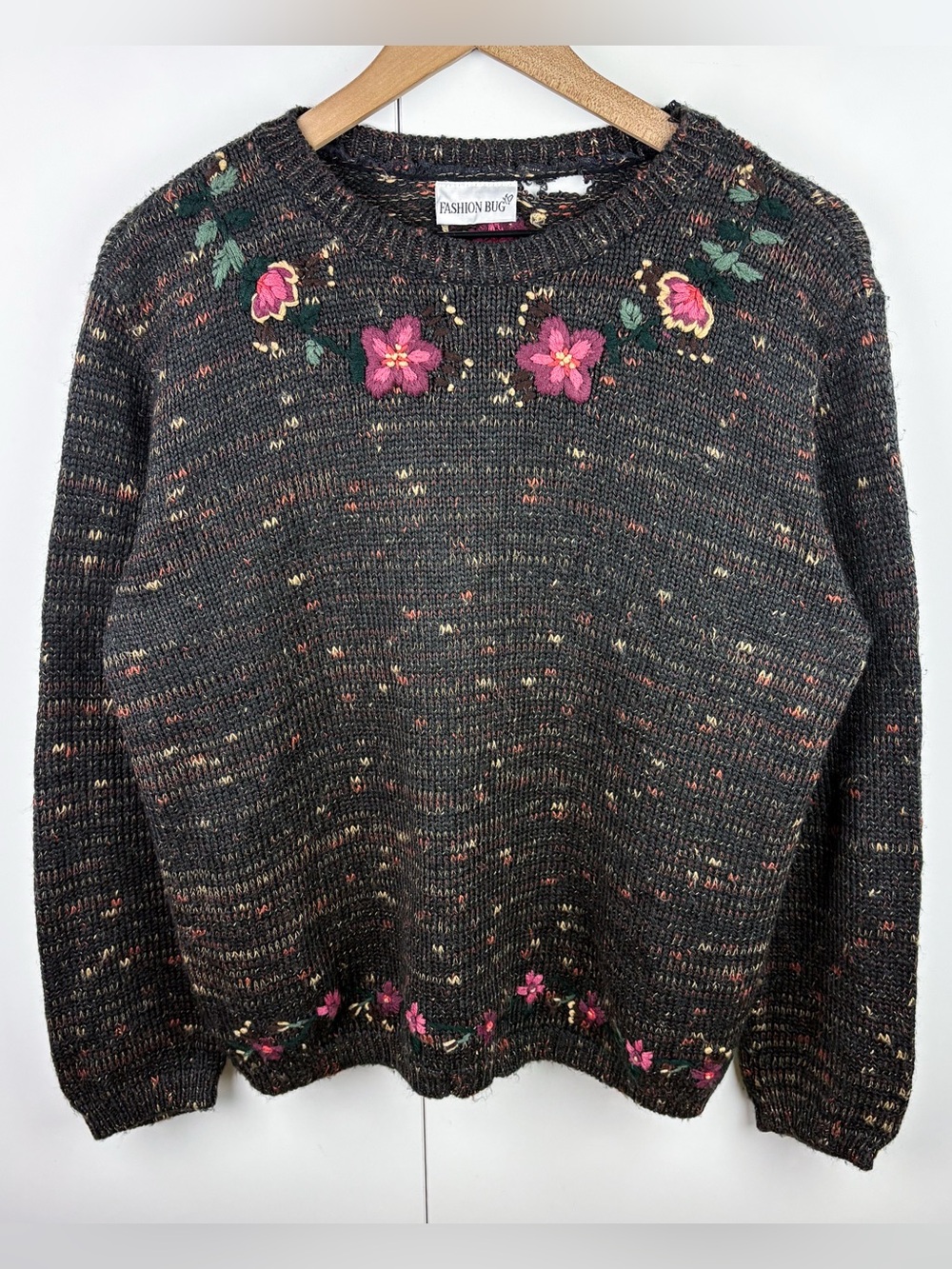Vintage Embroidered Floral Cottagecore Marled Coquette Crew Sweater Flower Pink